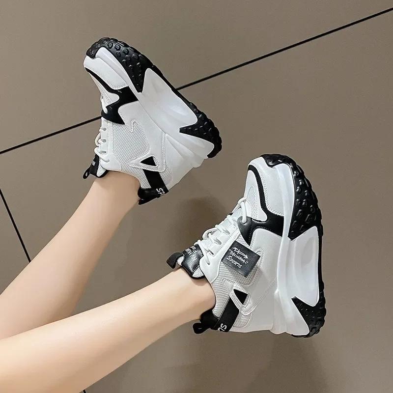 Fashion 11CM Women High Platform Sneakers Autumn Breathable Chunky Non-slip Dad Casual Shoes Thick Sole Trainers Leather Sneakers Woman