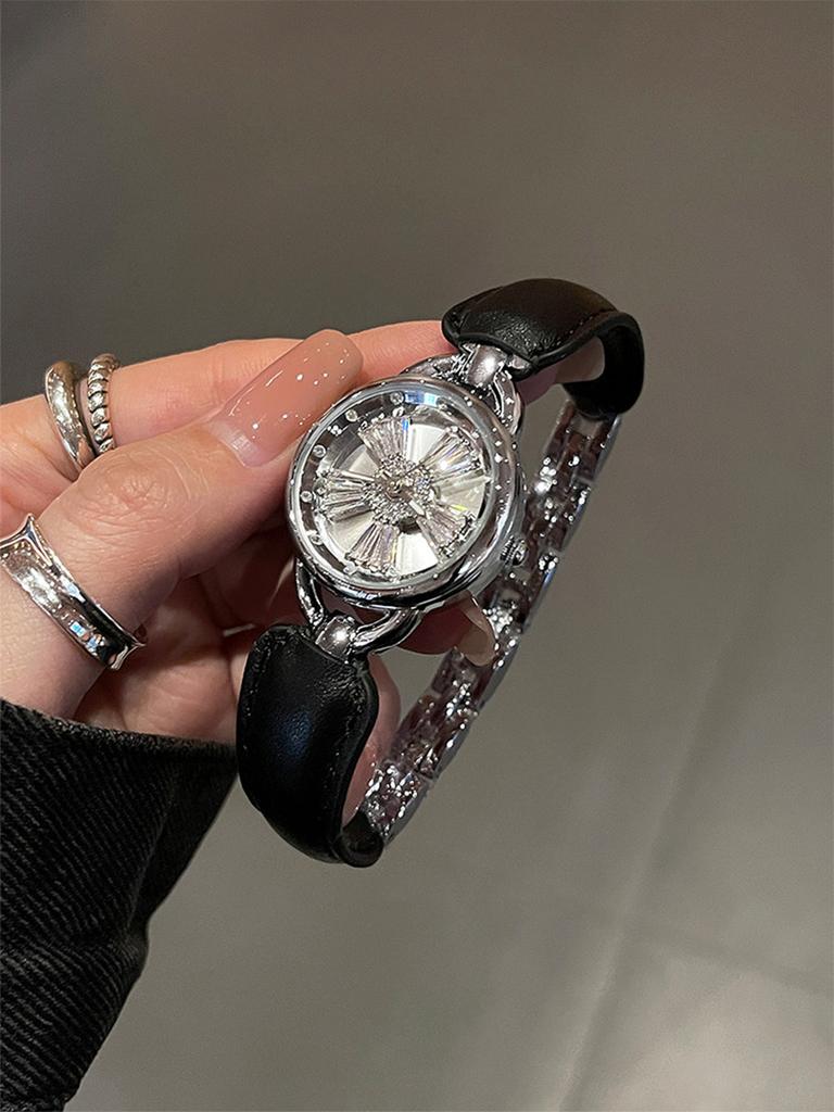 Luxury Rotating Flower Women Watch Leather Splicing Metal Strap Round Dial Fashion Elegant Ladies Quartz Dress Wristwatch Gift