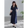 VICTORIA&VERA French Style Faux Denim Short Sleeve Maxi Dress