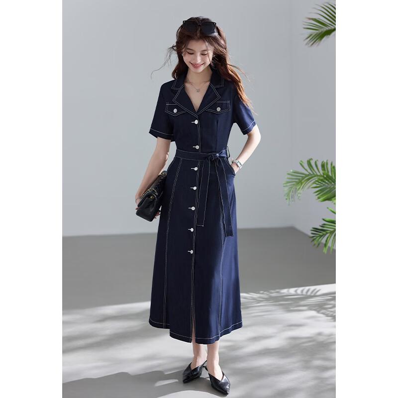 VICTORIA&VERA French Style Faux Denim Short Sleeve Maxi Dress