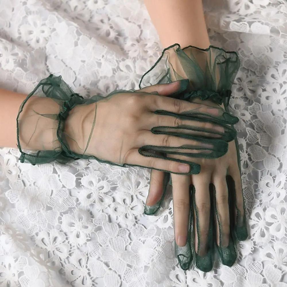 Elastische Transparente Damen Tüllhandschuhe Ultra Dünne Kurze Gaze Spitze Handschuhe Elegant Vollfinger Braut Hochzeit Damen Netzhandschuhe