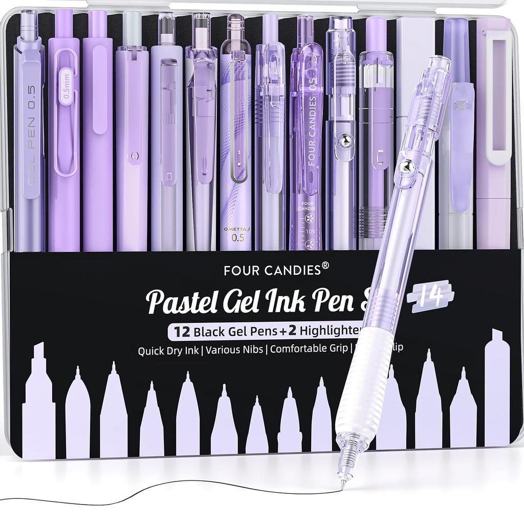 Four Candies Gel Pen Cute Gel 12 Ballpoint Pens 2 Easy to Perfect for School and Student Supplies Purple Set, Notebook-Style Pens, 0.5mm &