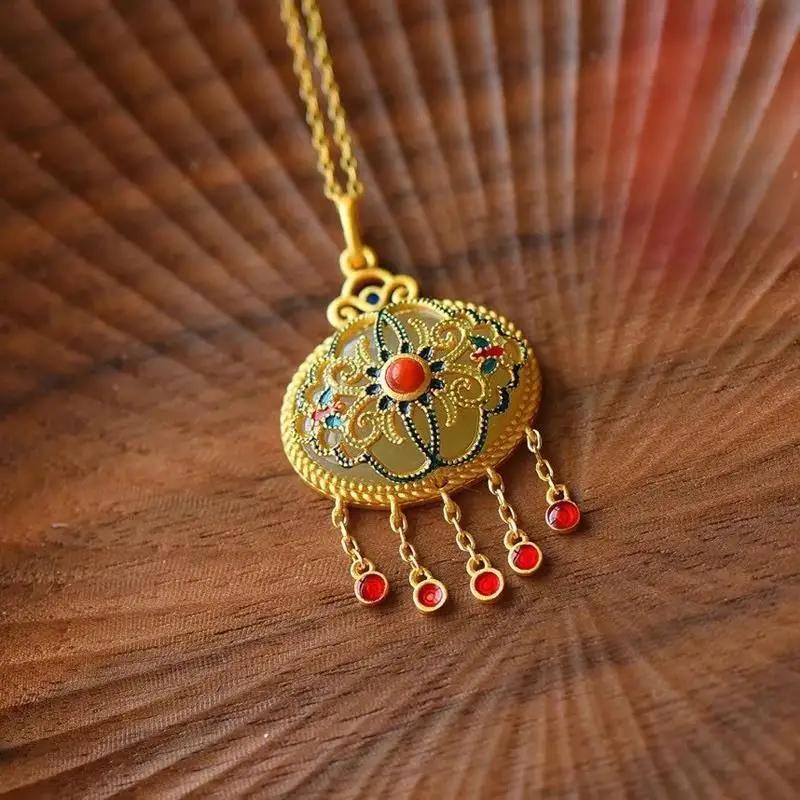 Натуральный Белый Нефрит Хэтянь Цветок Бахрома Женское Ожерелье Эмаль Фарфор Южный Красный Турмалин Ретро Классика Этнический Подвеска 45cm