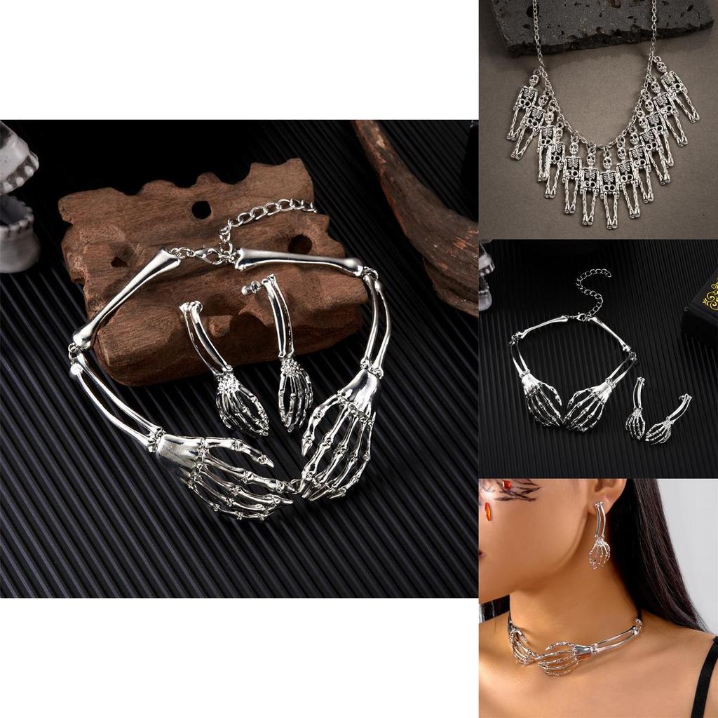 Gothic Skull Necklace Earrings Set With Alloy Pendant For Halloween Costume Accessories