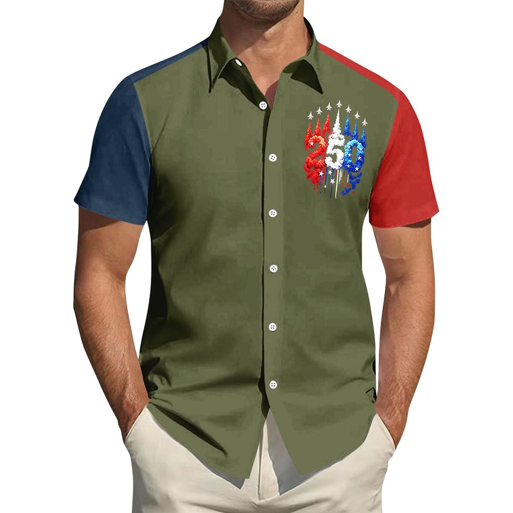 Top da Uomo Stampato per il Giorno dell'Indipendenza con Colletto Camicia Casual Sportiva a Maniche Corte da Uomo