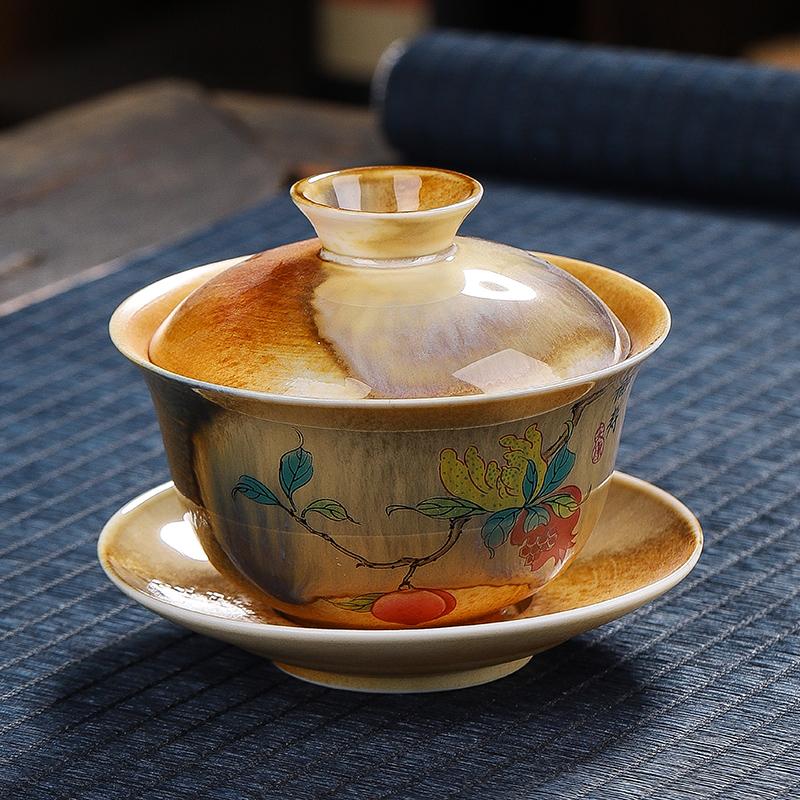 

140ml Hand Drawn Three Talent Bowl Lid Ceramic Landscape Chinese Style Tea Bowl Chinese Household Underglaze Colored Tea Bowl 140ml 10x9cm