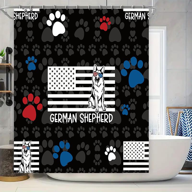 

Bathroom Shower Curtain Featuring A Stylish Black Design With Paw Prints, Blue Dog Print, Us Flag White Text Reading German Shep W60H190(CM)-1 Pcs