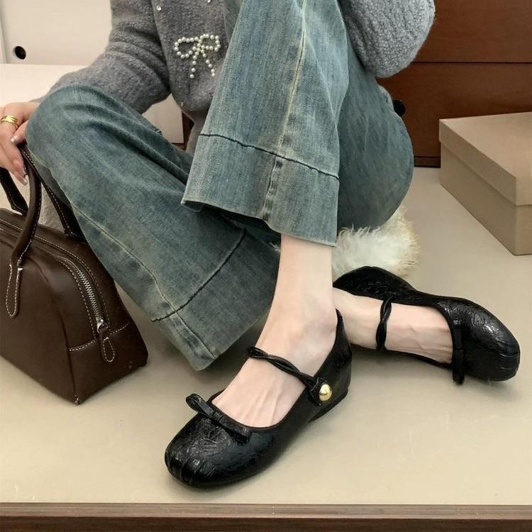 

Silver Mary Jane Shoes Girl 2025 Spring New Square Head Fairy Wind Bow Shallow Mouth Inner Height Increase Shoes 40 чёрный