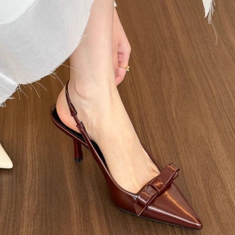 Baotou Sandals Spring New Pointy Head Shallow Mouth Butterfly Knot Leather Set Foot Anti-slip Wear-resistant High Heels