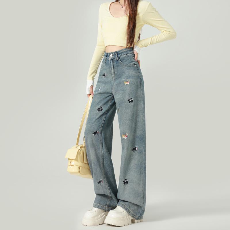 Women's Embroidered Puppy High Waist Wide Leg Jeans - Autumn/Winter