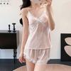 1011 Ice Silk Pajamas Women's New Summer Lace Embossed Suspenders Shorts Set Sexy Pure Desire Simulation Silk Loungewear