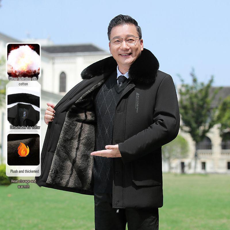 Men's Mid-Length Winter Jacket with Fleece Lining – Warm Down Cotton Coat for Middle-Aged and Elderly Dads
