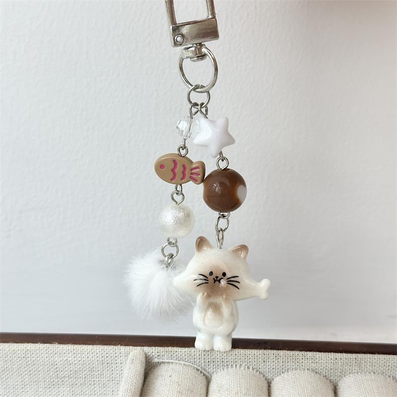 Cute Kitten Cat Fur Ball Bead Keychain Pendant Star Fish Charm Lanyard Girl Phone Chain Lovely Backpack Bag Ornament Couple Gift