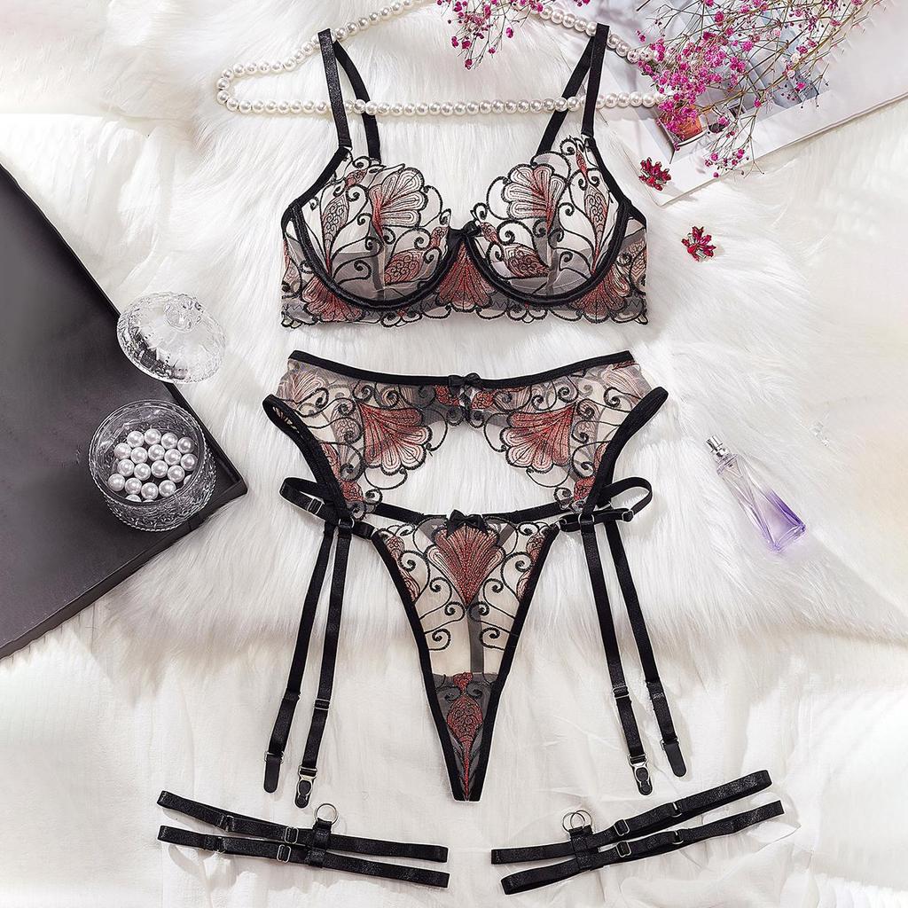 Women's Sexy Lingerie Set Ginkgo Leaf Embroidered Mesh Lingerie Low-cut Sheer Bra Set