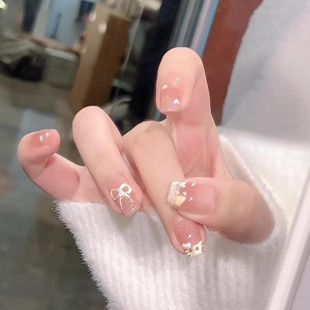 KT Pink Bow Removable French Short Nails - Cute Heart Design for Students & Parties