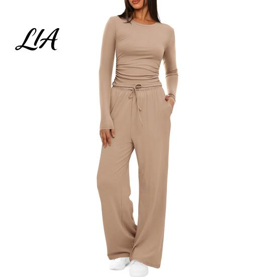Breathable Matching Sets Women Top Pants Set for Spring Fall, Slim Fit Crewneck Sweatshirt, Everyday Wear Suit Elastic Waist Loose Wide
