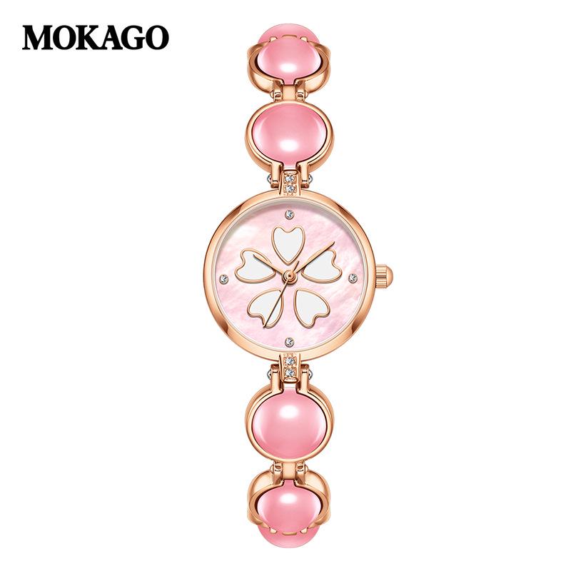 Moka Diamond Luminous Quartz Watch with Four-Leaf Clover Design, 30M Waterproof, Copper Band.