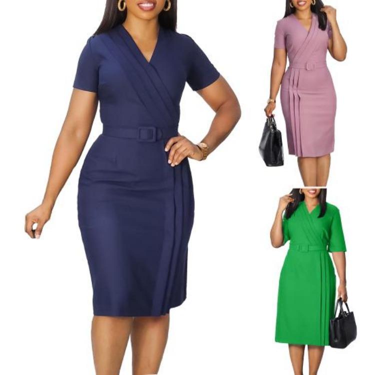 Damen Formell Plissiert V-Ausschnitt Kurzarm Etuikleid Schlanke Passform Enge Taille Business Sommer Bürokleid Unifarben