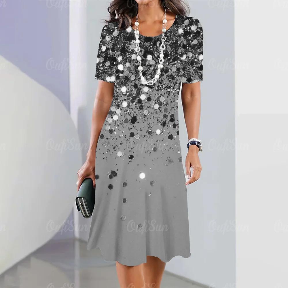 Women Summer O Neck Short Sleeve 3D Print Midi Dress