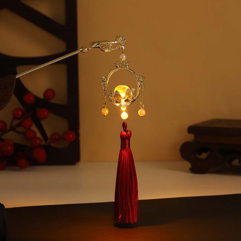 Chinese Rabbit Lantern Hair Pin Clips Hair Sticks LED Light Hair Accessories for Women Kids Retro Lotus Flower Tassel Headpieces