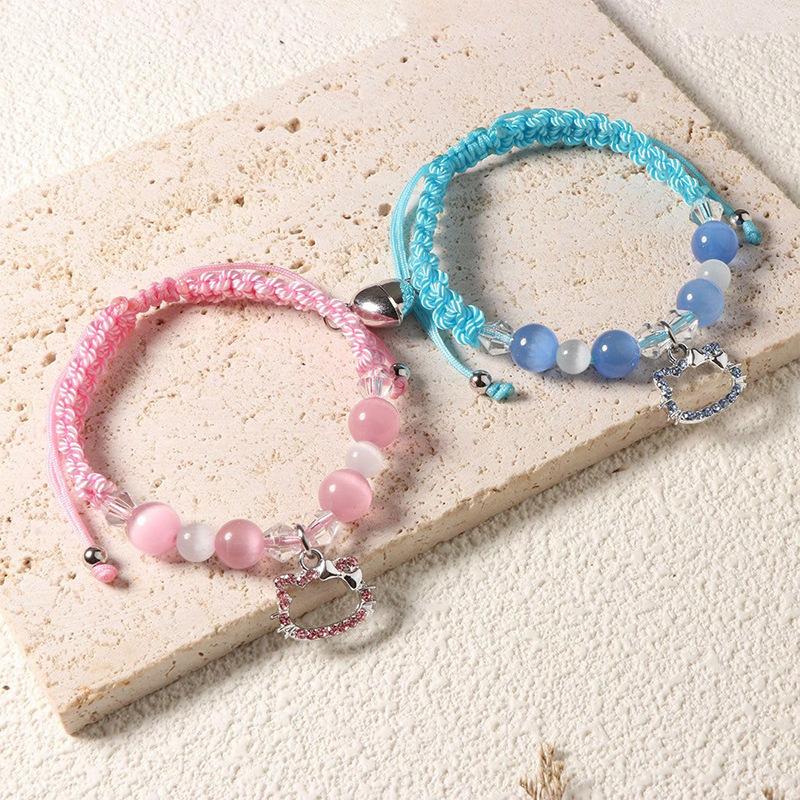Spider Kitty Charm Bracelets Rope Heart Magnetic Matching Bracelets for Couples Crystal Beaded Bracelet Halloween Jewelry