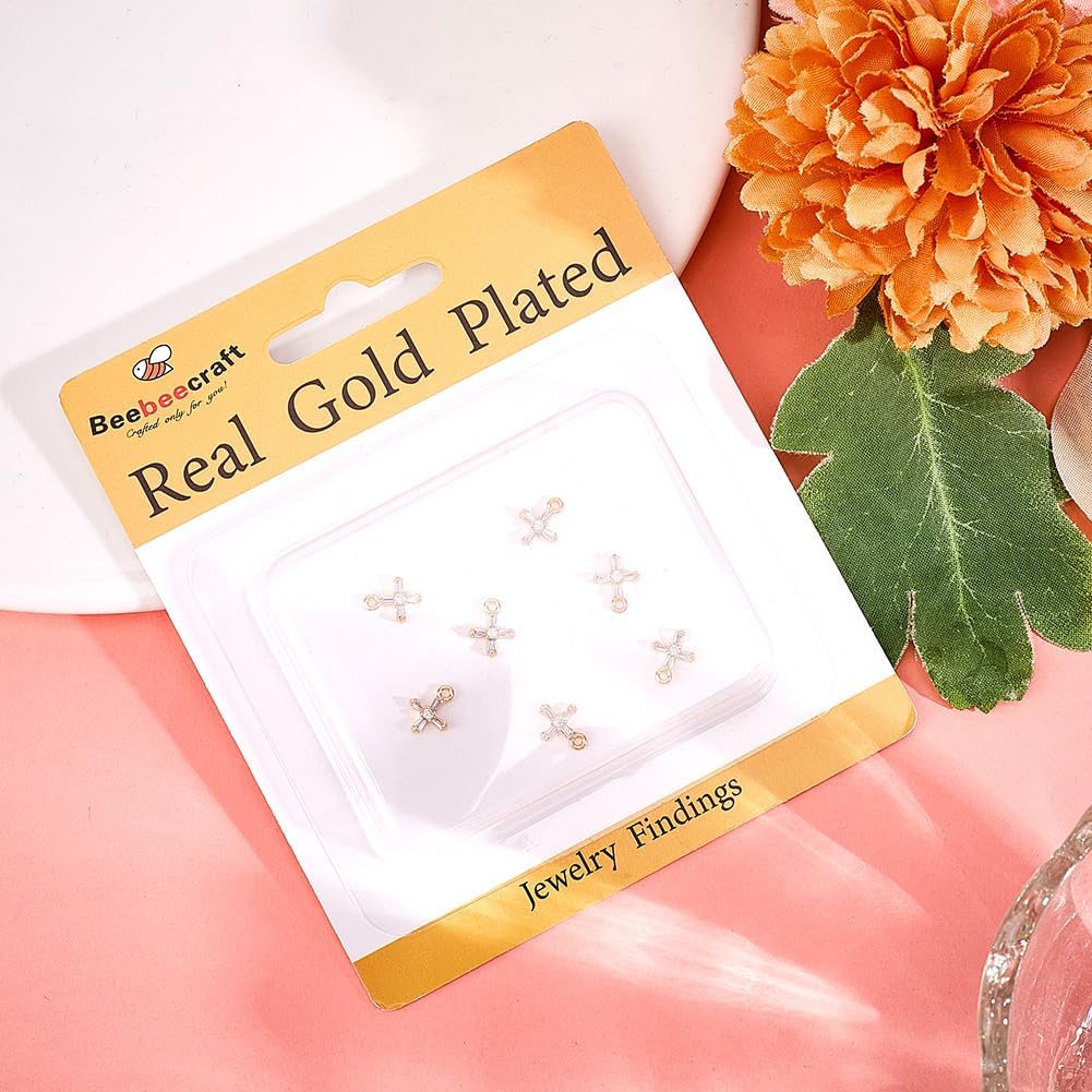 Beebeecraft 1 Box 10Pcs Tiny Cross Charms Real 18K Gold Plated Brass with Cubic Zirconia Smooth Irregular Crucifix Charms Accessories for Jewellery