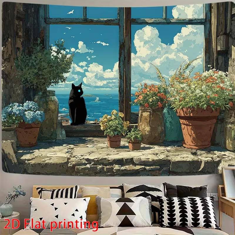 2D Vintage Window Cat Backdrop Cloth, Coastal Flower Pot Room Background