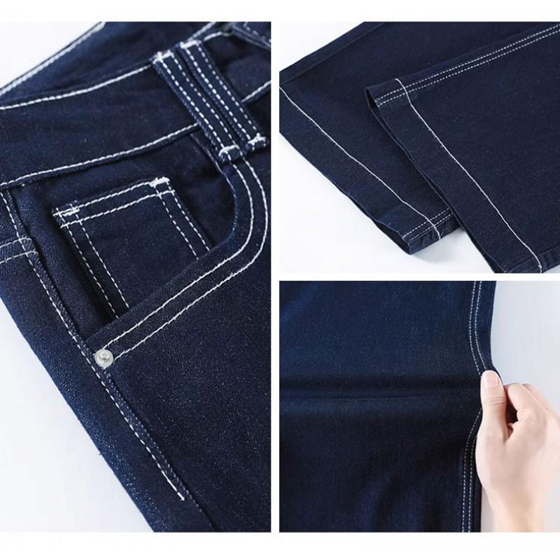 Womens High-Waisted Wide Leg Straight Jeans Denim Blue Thickened Fleece-Lined Cotton Blend Comfort Fit