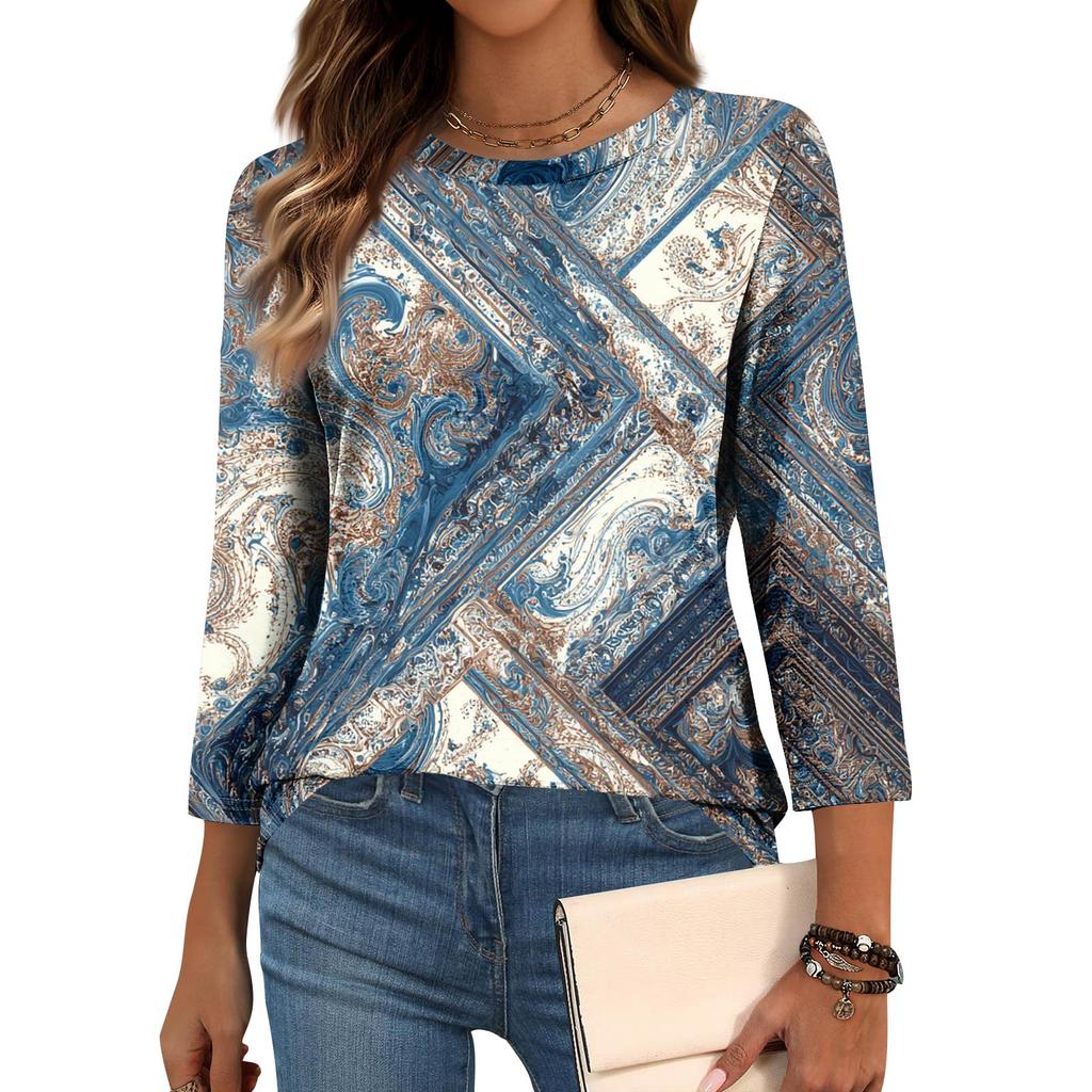 Trendiges Vintage 3/4-Arm-Oberteil für Damen, lässige Damen-Dreiviertelarm-Rundhals-T-Shirt-Bluse mit Aufdruck