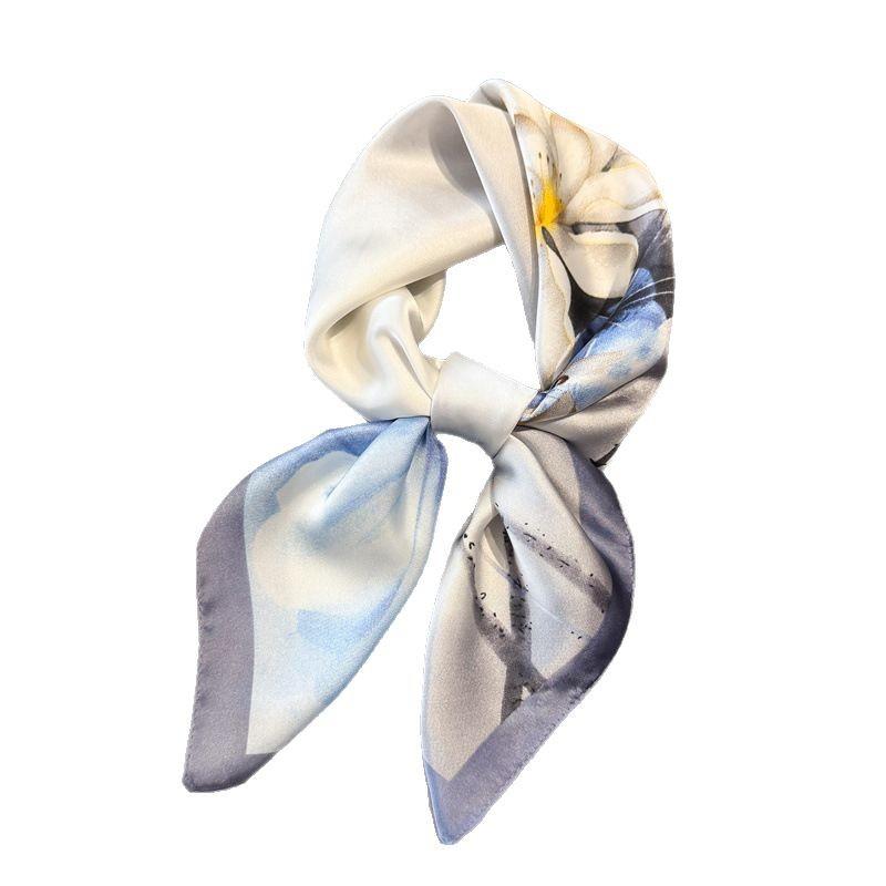 Printed imitation silk Magnolia silk scarf square scarf high-end shawl sunscreen neck small square scarf headscarf women's scarf