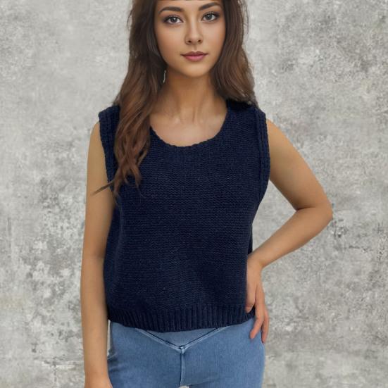 Women Knitted Vest Round Neck Sleeveless Crop Tank Back Bow Tie Decor Hollow Back Solid Color Sweater Vest