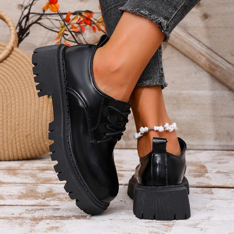 Women's Single Shoes with Heels Round Toe Platform Sole Square Heel Lace-up Shoes Leisure All-match British Style Women Shoes