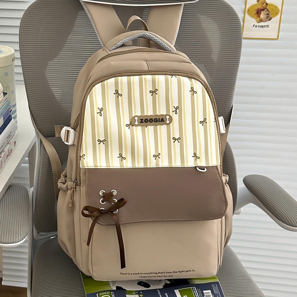 Schoolbag Fresh Striped Bow Backpack Middle School Student Class School Bag Women's Large Capacity Versatile Commuter Backpack