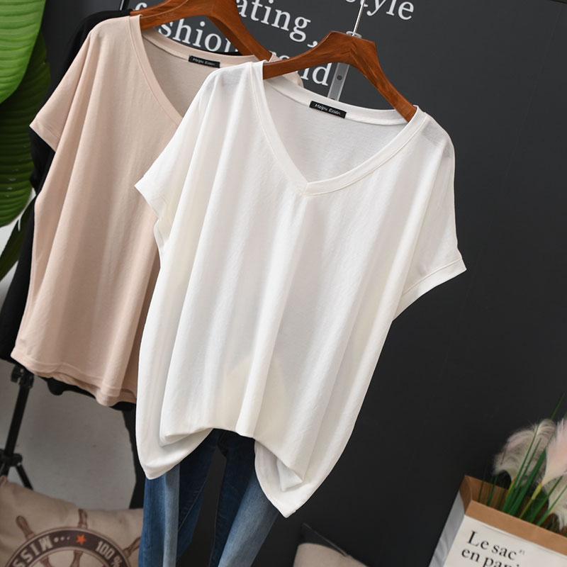 Summer Plus Size V-Neck Short Sleeve Women's T-Shirt - Ice Silk Loose Fit