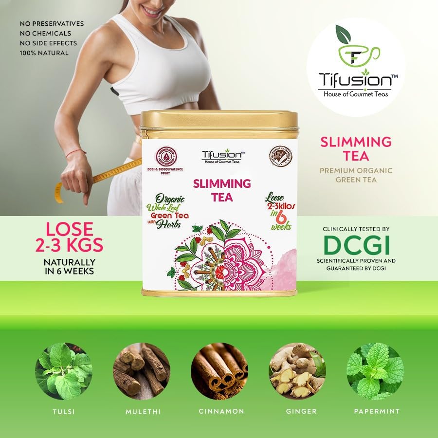 Tifusion Slimming Healthy Green Tea for with Garcinia, Cinnamon, Ginger, Ashwagandha, Tulsi | Natural Herbal Whole Loose Leaf With Herbs| 1