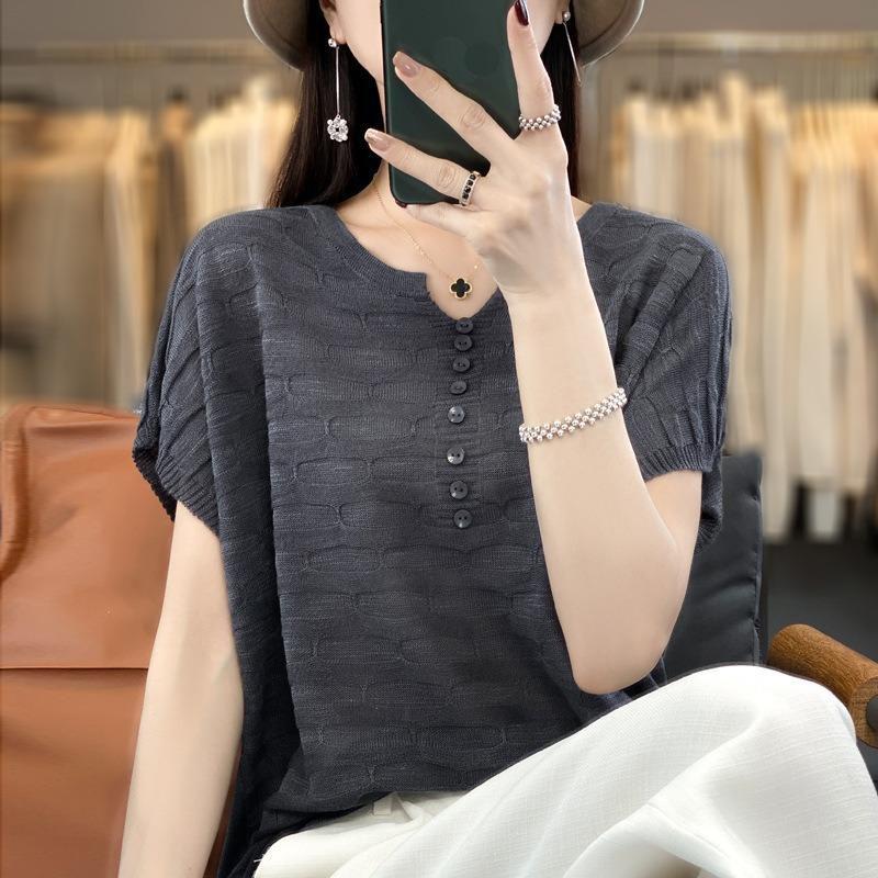 Summer Women's T-shirt Loose Casual Short Sleeve Solid Color Loose Ice Silk Knit Top
