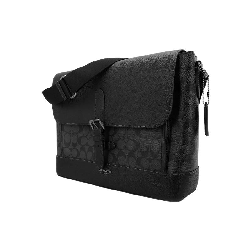 Coach Hudson 36 Flap Closure Coated Canvas and Natural Pebbled Leather Messenger Bag Shoulder Crossbody Bag Men's Charcoal and Black