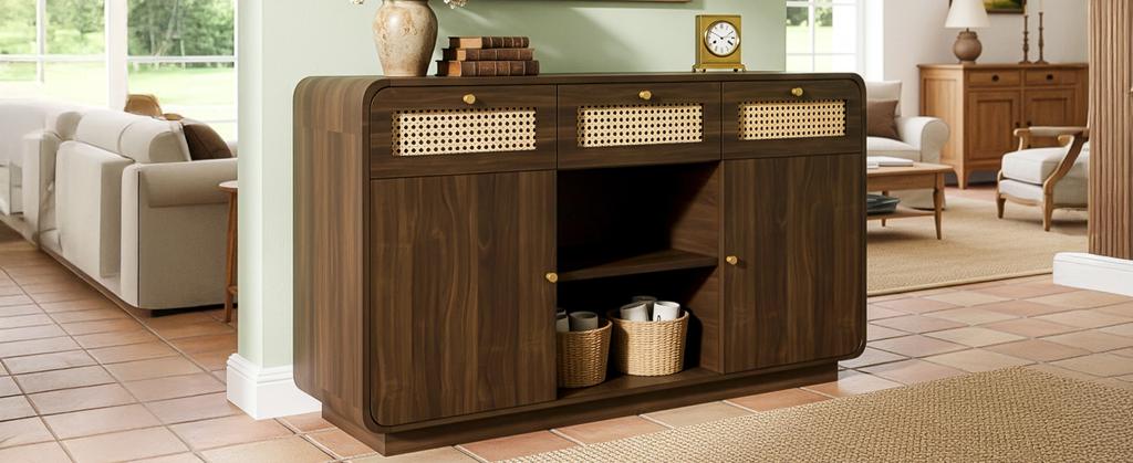 Chest Sideboard 120cm Walnut, with Rattan and Gold Handles, 3 Drawers + 2 Cabinets + Open Shelf, Height-Adjustable Shelves, H85/W120/D40 Cm