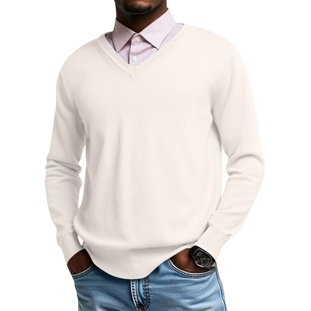 Męski dzianinowy top z dekoltem V i długim rękawem, codzienna wygoda, bluzka z długim rękawem
