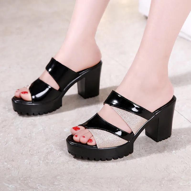 Fashion sandalias femininas women classic peep toe black pu leather square heel shoes lady fashion comfort anti skid heel shoes ea485