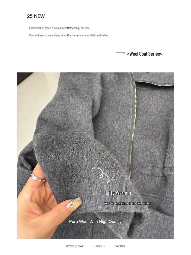 Damen Koreanischer Kaschmirmantel mit Kapuze und Reißverschluss, doppelseitig: Einfarbig, Mittellang, Vielseitig und Verdickt Lockeres Oberbekleidungsstück.