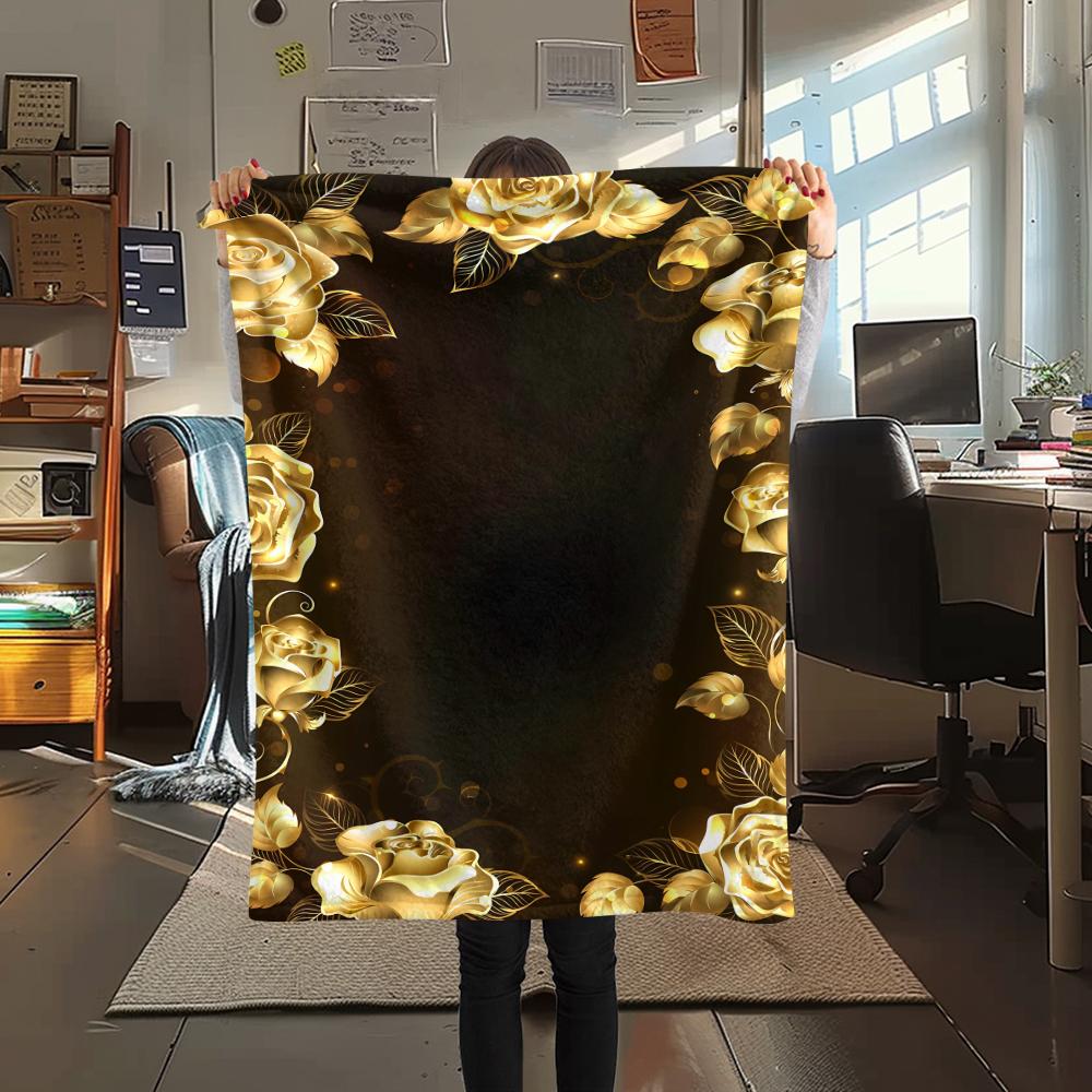 1Pc Golden Flower Print Flannel Blanket, High Quality Comfortable for All Seasons, Home Decor, Warmth and Comfort, Perfect for Gifts