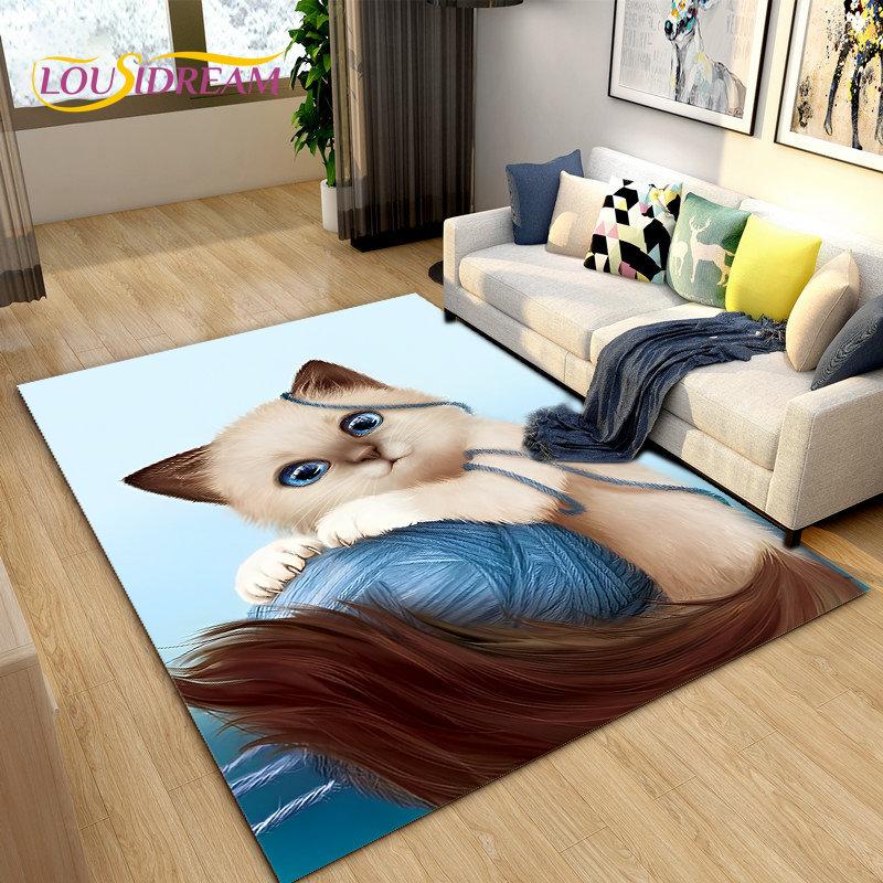3D Cartoon Cute Cat Area Rug,Carpet Rug for Home Living Room Children's Bedroom Sofa Doormat Decor,Kitchen Non-slip Floor Mat