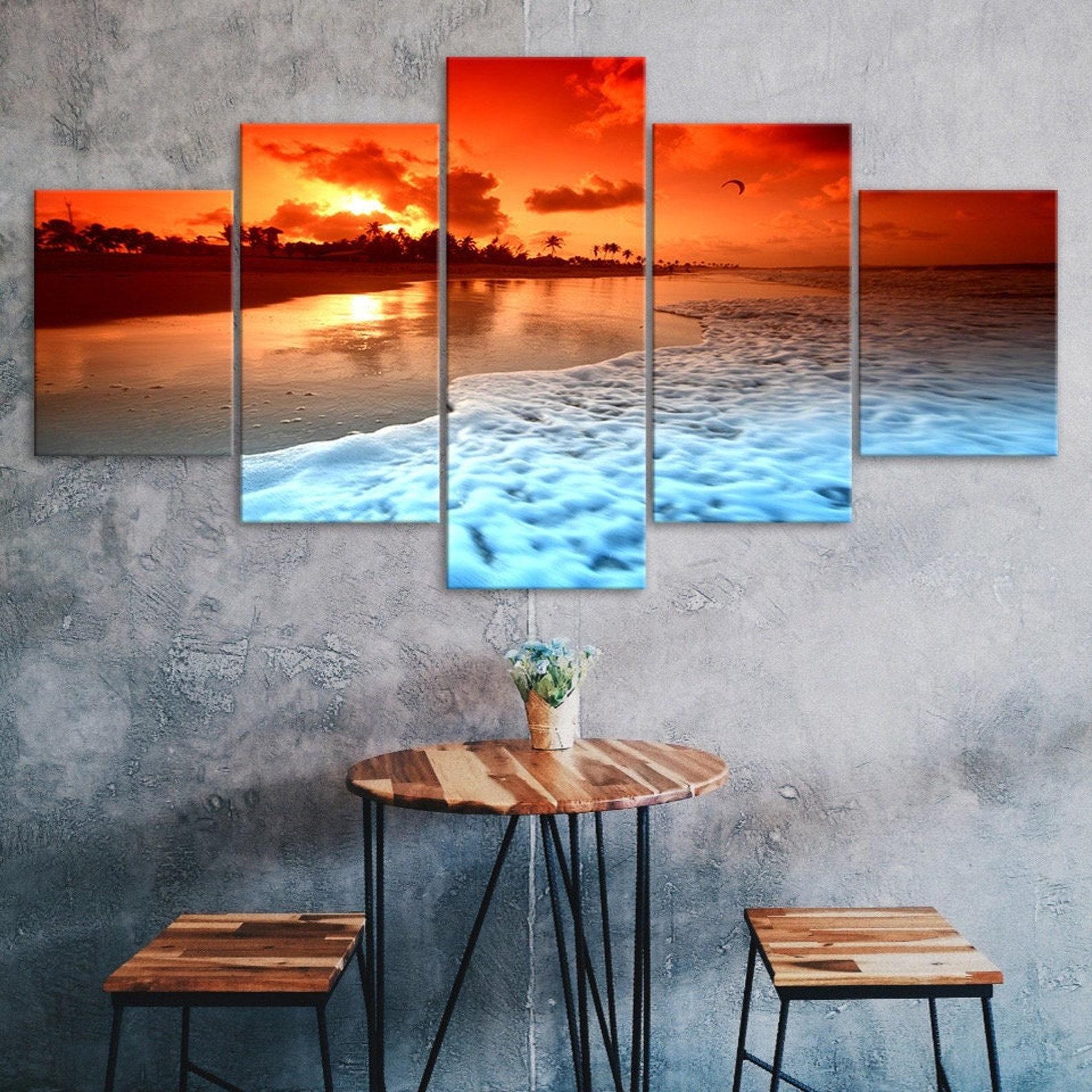 

Tropical Seashore Waves Sunset Canvas 5 Piece Five Panel Wall Print Modern Art Poster Picture Home Decor Gift For Him For Her 20X35 20X45 20X55CM