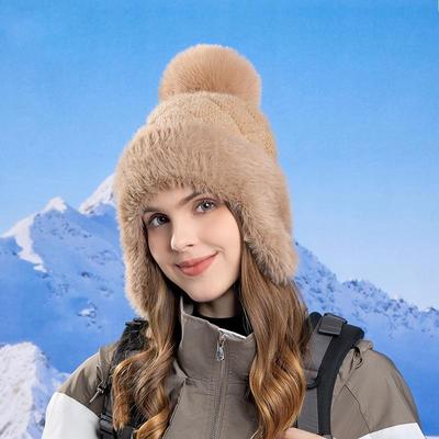 Women Autumn Winter Warm Plus Fur Ear Protector Hat Cold Resistant Imitation Knitted Cap Sweet Cute Hair Ball Hat