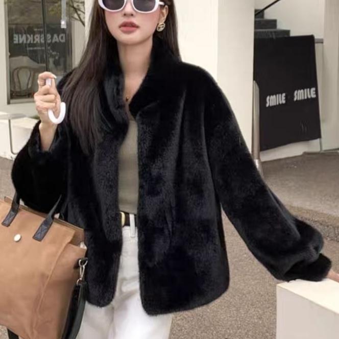 Women Thick Faux Mink Fur Loose Jackets Tops Winter Warm Stand Neck Single Breasted Abrigos Casual Korean Solid Coats Blusas New