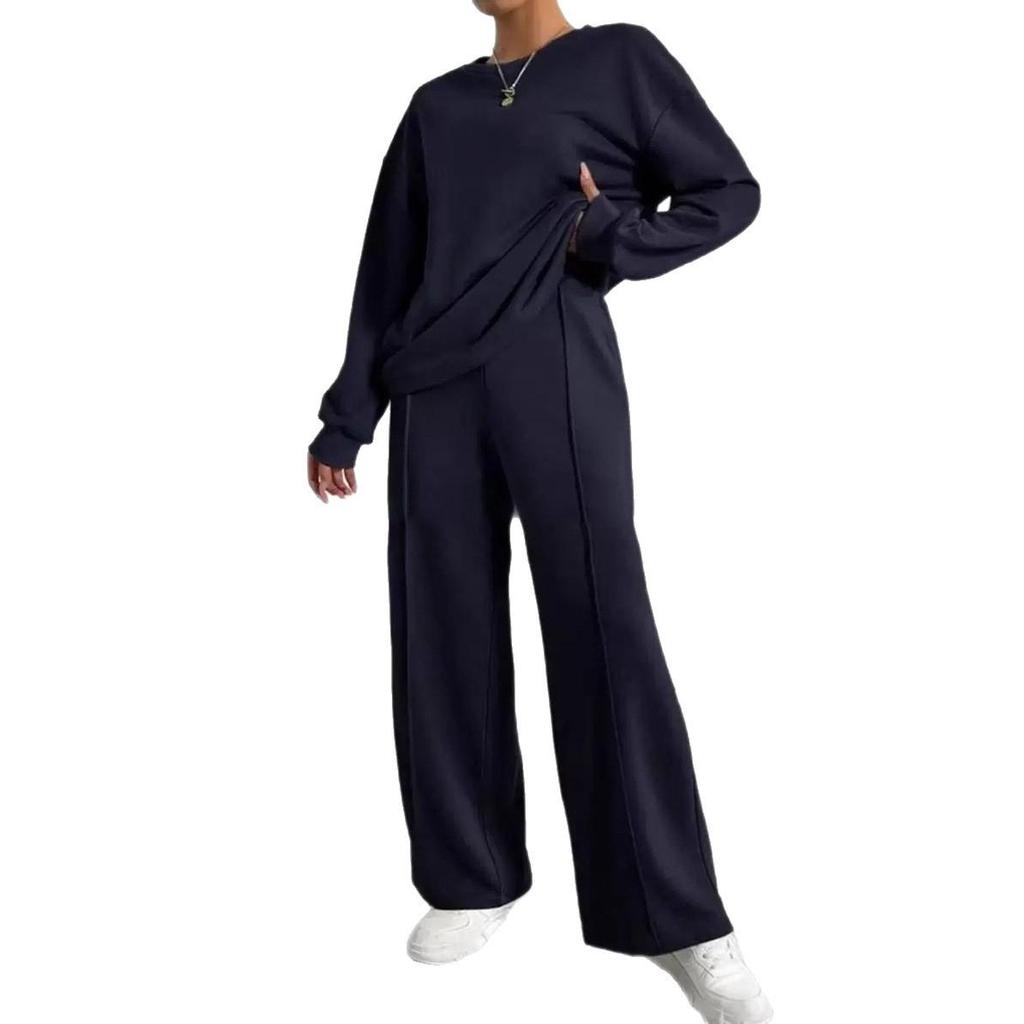 Damen Hellbraunes Relaxed Fit Rundhals Langarm Oberteil und Weitbein Hose Lounge Set