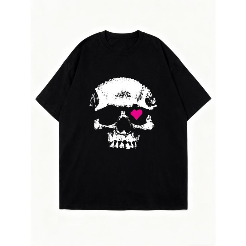 Oversized T Shirt Dress Black Skull With Pink Heart Print Casual Streetwear Style For Women