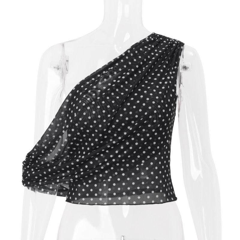 Mesh Vest 2025 Summer New Sexy Oblique Collar Polka Dot Print Irregular Mesh Cami Women Spicy