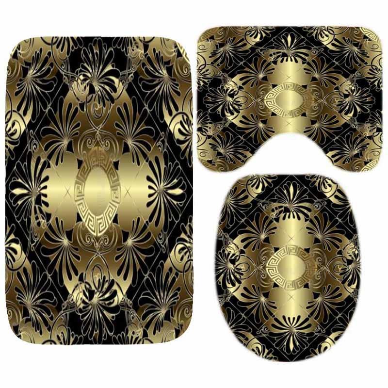 Luxury Black Gold Greek Key Meander Border Bath Rug Set Modern Geometric Ornate Bathroom Door Mat for Toilet Floor Carpet Decor